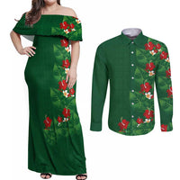 Hawaiian Taro Leaves-Hibiscus and Plumeria Couples Matching Off Shoulder Maxi Dress and Long Sleeve Button Shirt Polynesian Art-Kakau Tattoo Green
