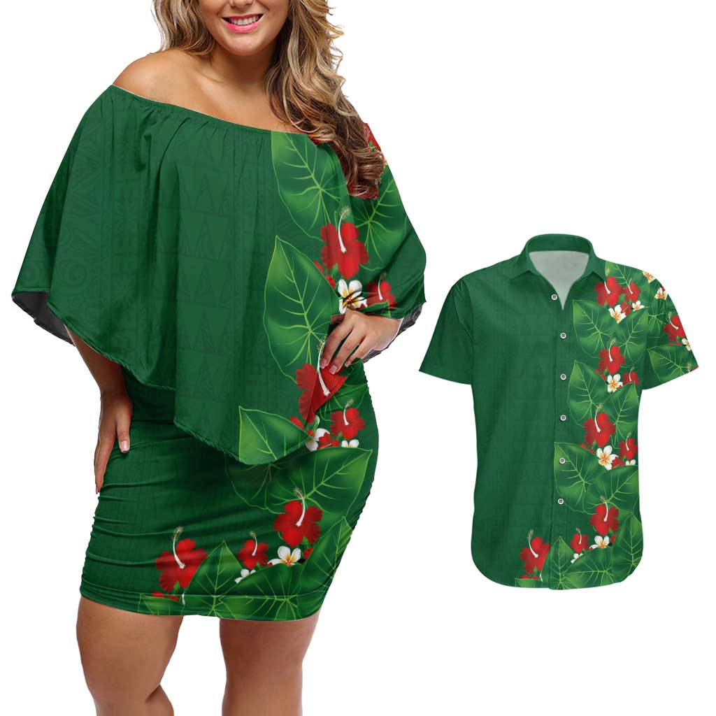 Hawaiian Taro Leaves-Hibiscus and Plumeria Couples Matching Off Shoulder Short Dress and Hawaiian Shirt Polynesian Art-Kakau Tattoo Green