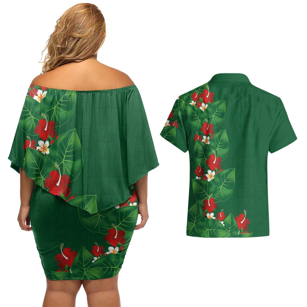 Hawaiian Taro Leaves-Hibiscus and Plumeria Couples Matching Off Shoulder Short Dress and Hawaiian Shirt Polynesian Art-Kakau Tattoo Green