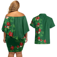 Hawaiian Taro Leaves-Hibiscus and Plumeria Couples Matching Off Shoulder Short Dress and Hawaiian Shirt Polynesian Art-Kakau Tattoo Green