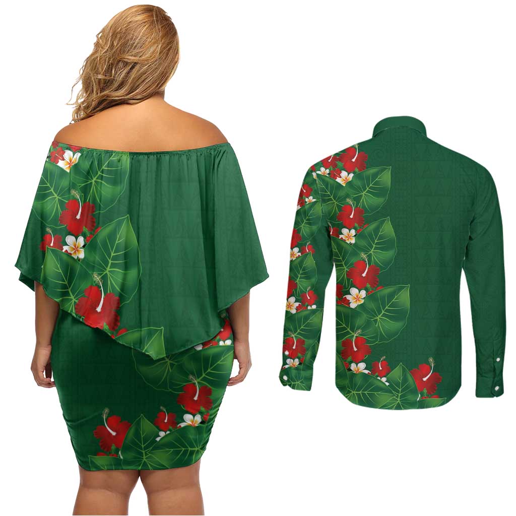 Hawaiian Taro Leaves-Hibiscus and Plumeria Couples Matching Off Shoulder Short Dress and Long Sleeve Button Shirt Polynesian Art-Kakau Tattoo Green