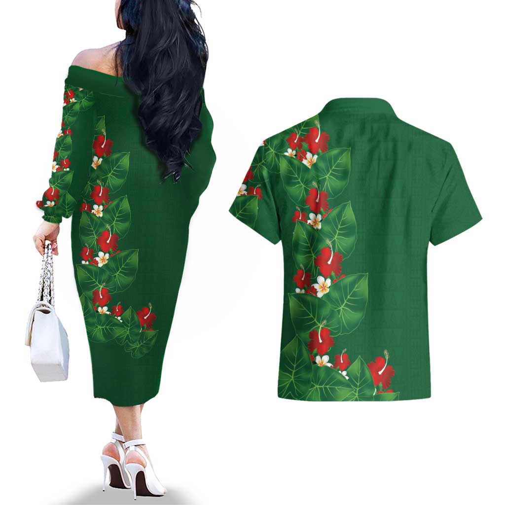 Hawaiian Taro Leaves-Hibiscus and Plumeria Couples Matching Off The Shoulder Long Sleeve Dress and Hawaiian Shirt Polynesian Art-Kakau Tattoo Green