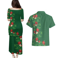 Hawaiian Taro Leaves-Hibiscus and Plumeria Couples Matching Puletasi and Hawaiian Shirt Polynesian Art-Kakau Tattoo Green