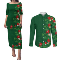Hawaiian Taro Leaves-Hibiscus and Plumeria Couples Matching Puletasi and Long Sleeve Button Shirt Polynesian Art-Kakau Tattoo Green
