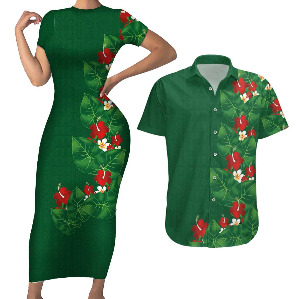 Hawaiian Taro Leaves-Hibiscus and Plumeria Couples Matching Short Sleeve Bodycon Dress and Hawaiian Shirt Polynesian Art-Kakau Tattoo Green LT03 Green - Polynesian Pride