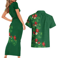 Hawaiian Taro Leaves-Hibiscus and Plumeria Couples Matching Short Sleeve Bodycon Dress and Hawaiian Shirt Polynesian Art-Kakau Tattoo Green LT03 - Polynesian Pride