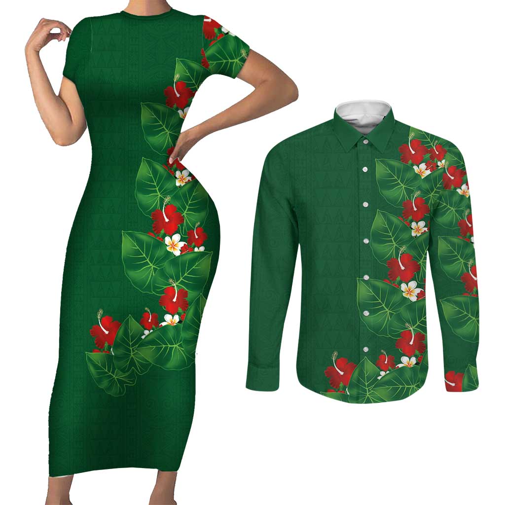 Hawaiian Taro Leaves-Hibiscus and Plumeria Couples Matching Short Sleeve Bodycon Dress and Long Sleeve Button Shirt Polynesian Art-Kakau Tattoo Green