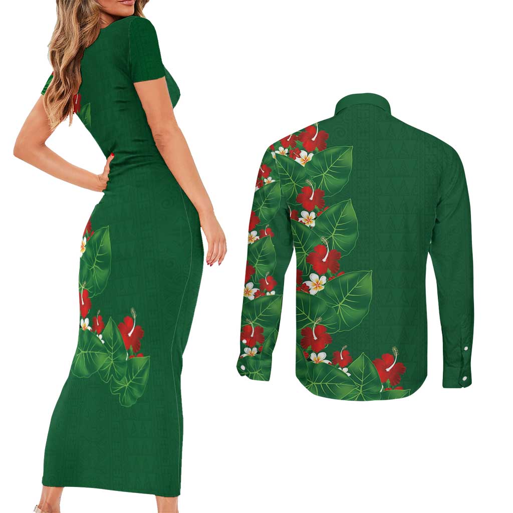 Hawaiian Taro Leaves-Hibiscus and Plumeria Couples Matching Short Sleeve Bodycon Dress and Long Sleeve Button Shirt Polynesian Art-Kakau Tattoo Green