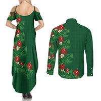 Hawaiian Taro Leaves-Hibiscus and Plumeria Couples Matching Summer Maxi Dress and Long Sleeve Button Shirt Polynesian Art-Kakau Tattoo Green