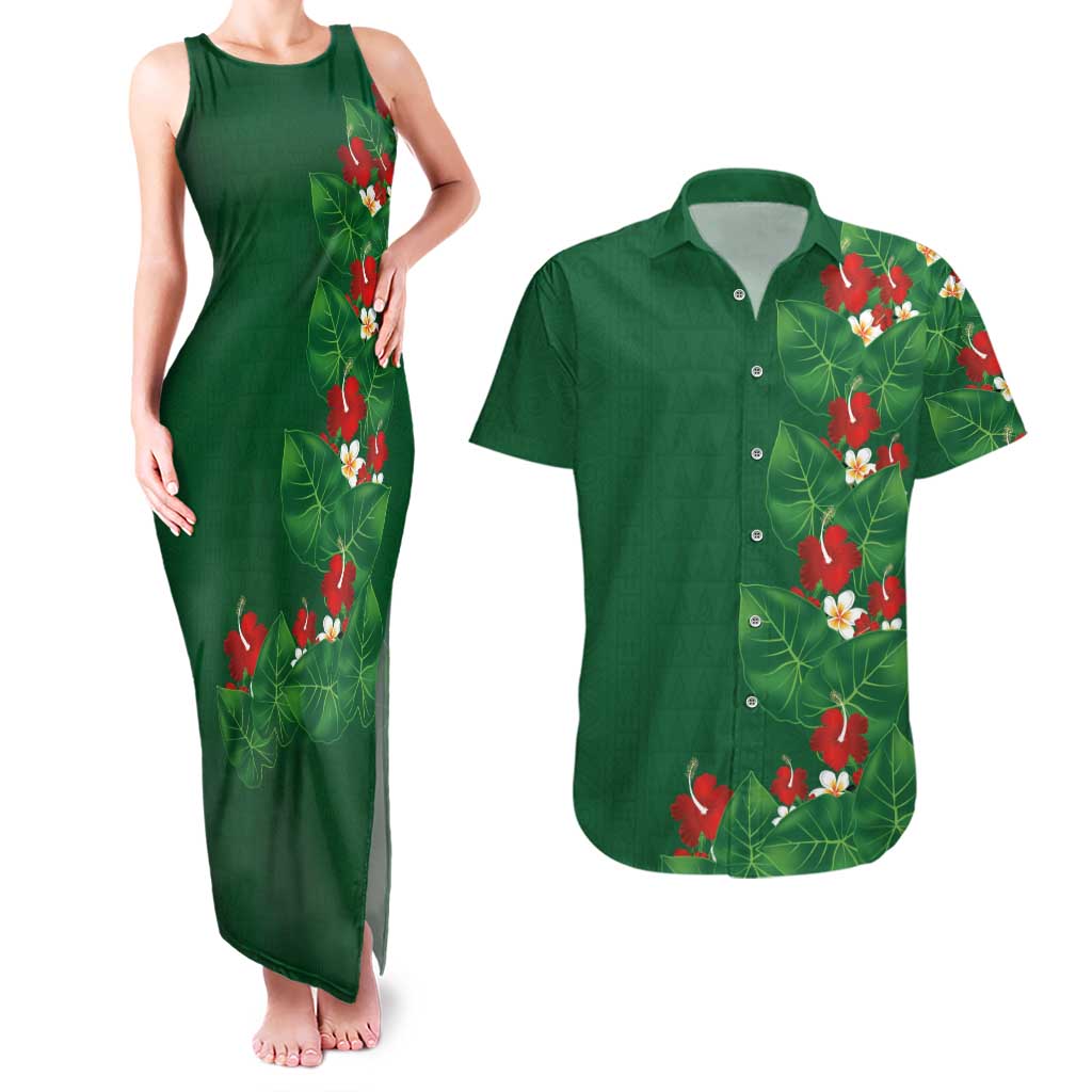 Hawaiian Taro Leaves-Hibiscus and Plumeria Couples Matching Tank Maxi Dress and Hawaiian Shirt Polynesian Art-Kakau Tattoo Green