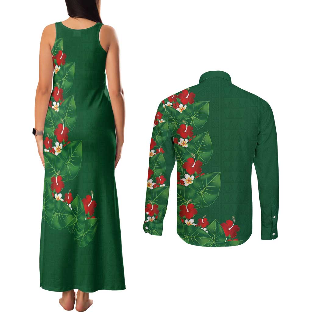 Hawaiian Taro Leaves-Hibiscus and Plumeria Couples Matching Tank Maxi Dress and Long Sleeve Button Shirt Polynesian Art-Kakau Tattoo Green
