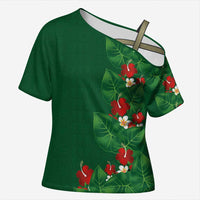Hawaiian Taro Leaves-Hibiscus and Plumeria Cross Shoulder Shirt Polynesian Art-Kakau Tattoo Green