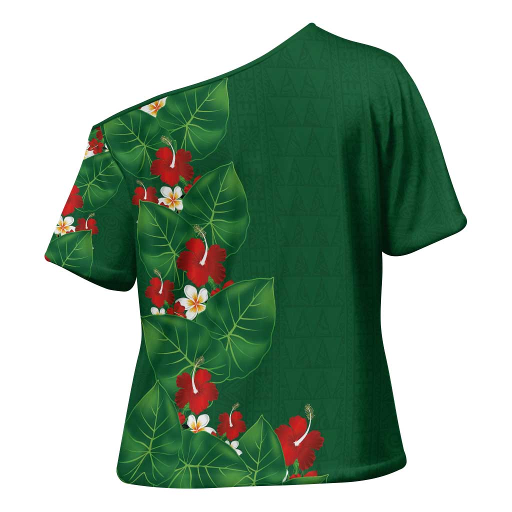 Hawaiian Taro Leaves-Hibiscus and Plumeria Cross Shoulder Shirt Polynesian Art-Kakau Tattoo Green