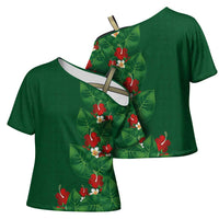 Hawaiian Taro Leaves-Hibiscus and Plumeria Cross Shoulder Shirt Polynesian Art-Kakau Tattoo Green