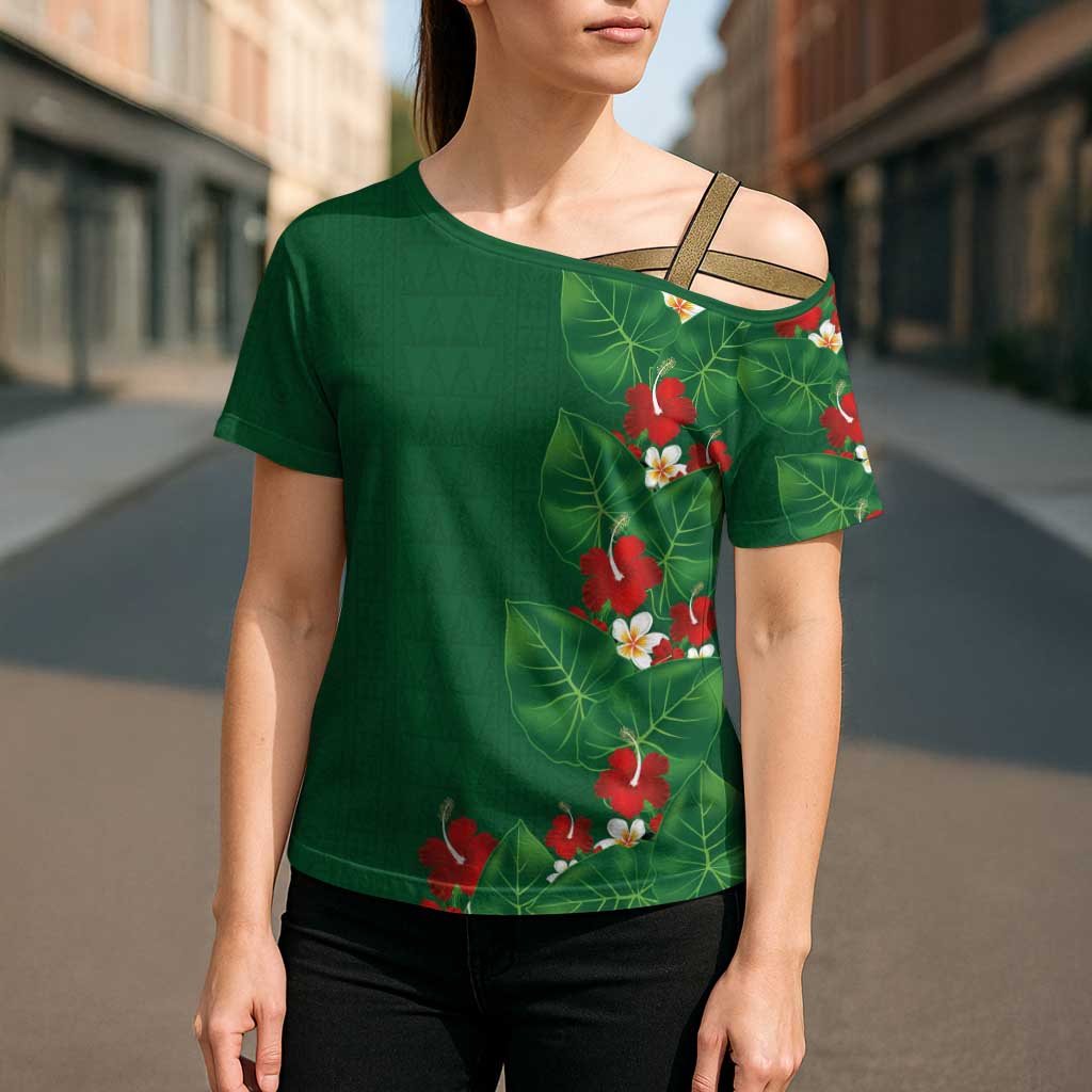 Hawaiian Taro Leaves-Hibiscus and Plumeria Cross Shoulder Shirt Polynesian Art-Kakau Tattoo Green