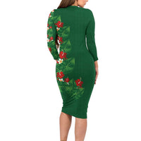 Hawaiian Taro Leaves-Hibiscus and Plumeria Family Matching Long Sleeve Bodycon Dress and Hawaiian Shirt Polynesian Art-Kakau Tattoo Green