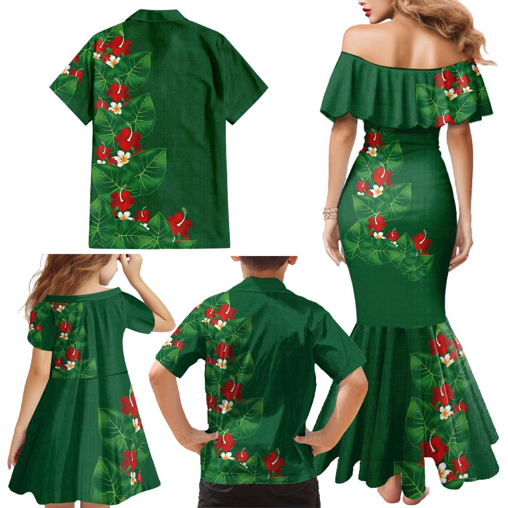 Hawaiian Taro Leaves-Hibiscus and Plumeria Family Matching Mermaid Dress and Hawaiian Shirt Polynesian Art-Kakau Tattoo Green