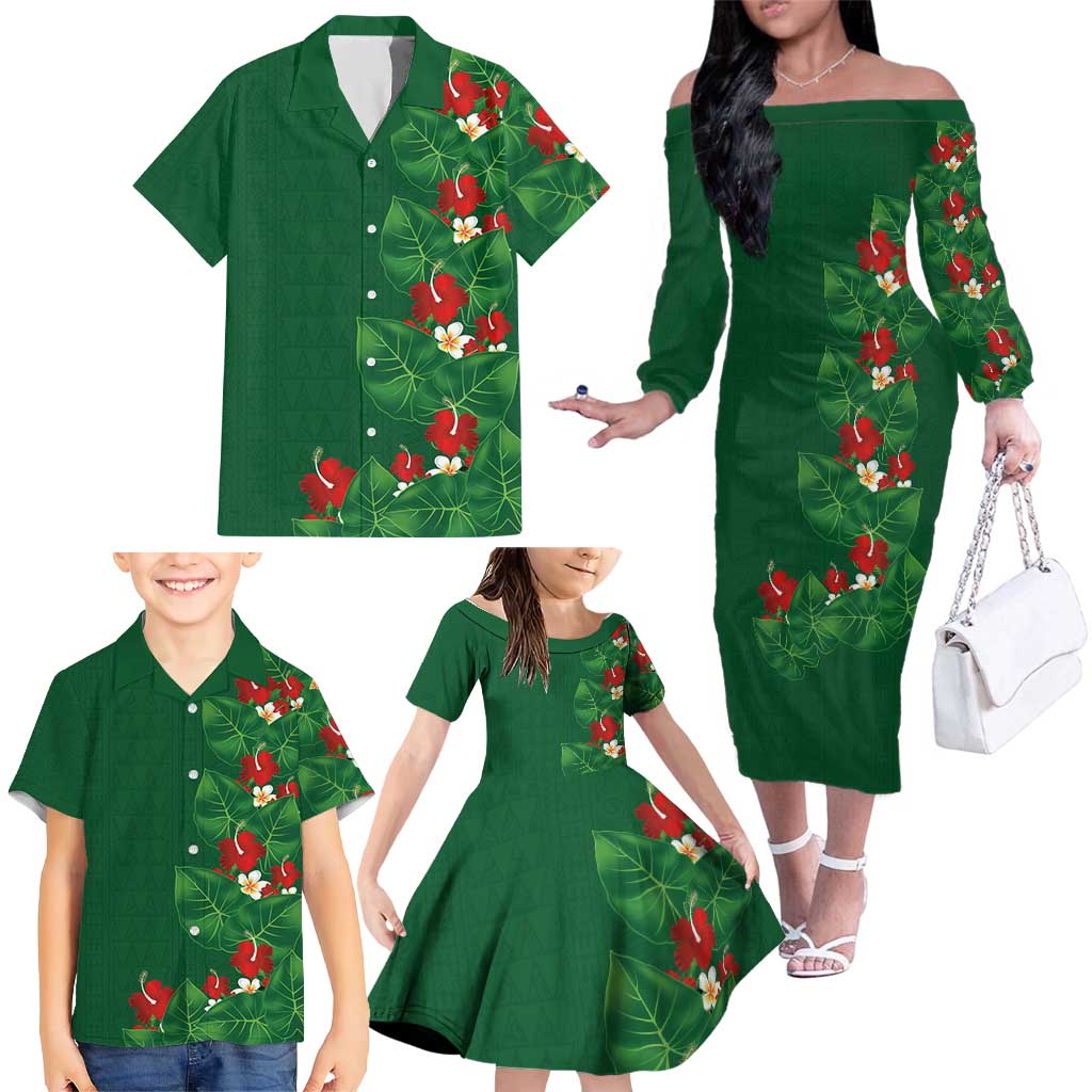 Hawaiian Taro Leaves-Hibiscus and Plumeria Family Matching Off The Shoulder Long Sleeve Dress and Hawaiian Shirt Polynesian Art-Kakau Tattoo Green LT03 - Polynesian Pride