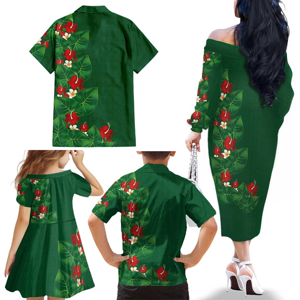 Hawaiian Taro Leaves-Hibiscus and Plumeria Family Matching Off The Shoulder Long Sleeve Dress and Hawaiian Shirt Polynesian Art-Kakau Tattoo Green LT03 - Polynesian Pride