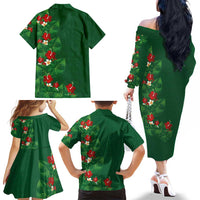 Hawaiian Taro Leaves-Hibiscus and Plumeria Family Matching Off The Shoulder Long Sleeve Dress and Hawaiian Shirt Polynesian Art-Kakau Tattoo Green LT03 - Polynesian Pride