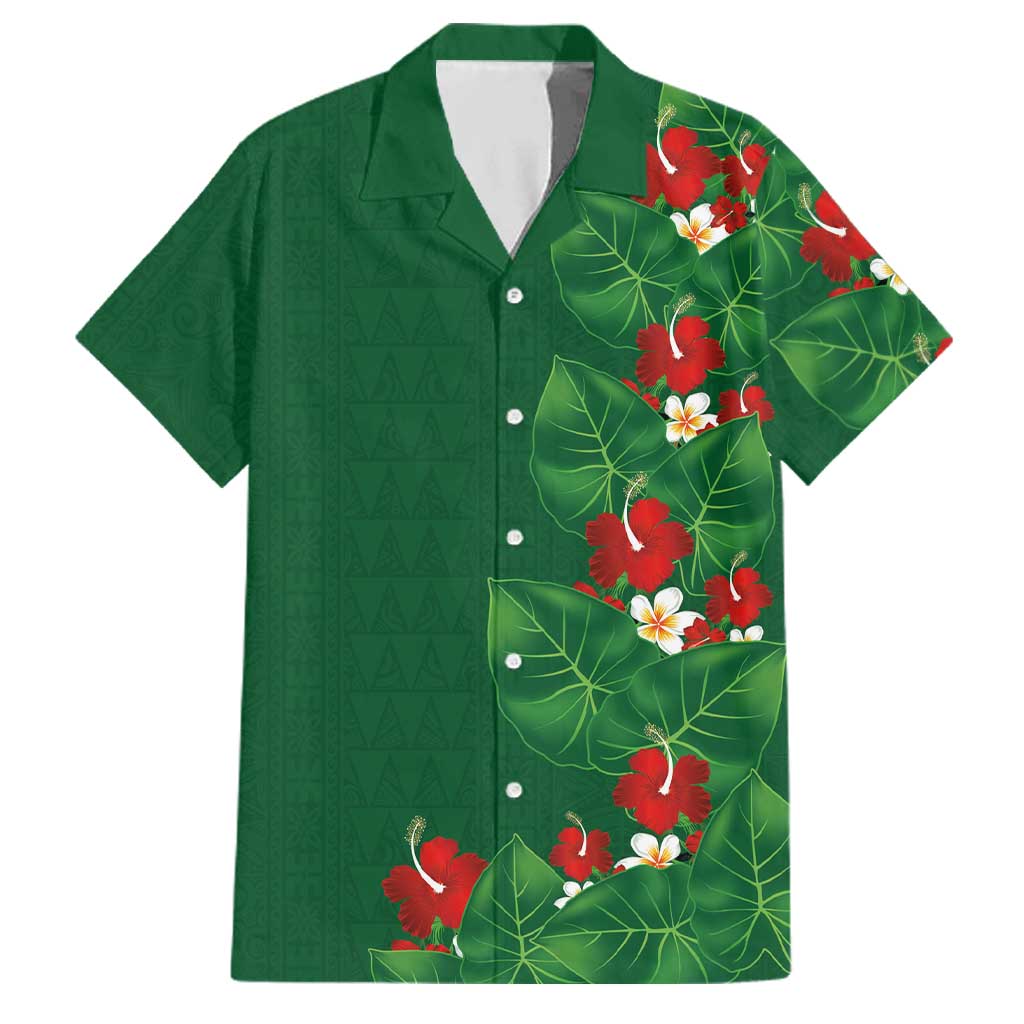 Hawaiian Taro Leaves-Hibiscus and Plumeria Family Matching Off The Shoulder Long Sleeve Dress and Hawaiian Shirt Polynesian Art-Kakau Tattoo Green LT03 Dad's Shirt - Short Sleeve Green - Polynesian Pride