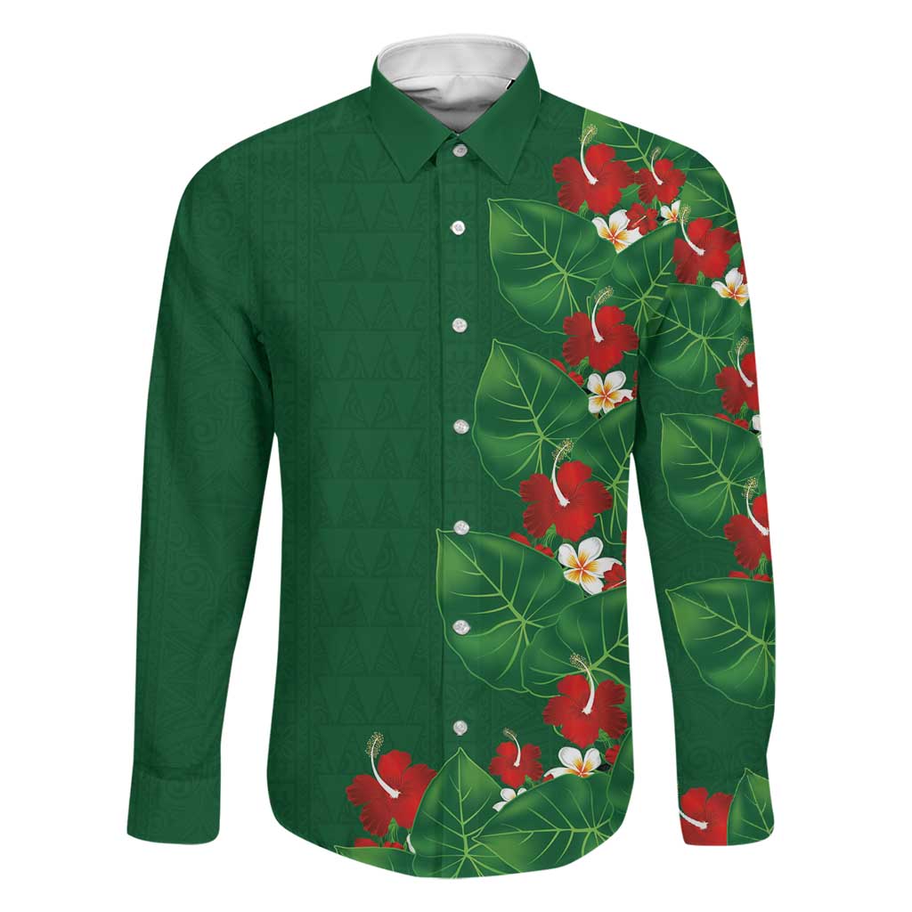 Hawaiian Taro Leaves-Hibiscus and Plumeria Family Matching Off The Shoulder Long Sleeve Dress and Hawaiian Shirt Polynesian Art-Kakau Tattoo Green LT03 Dad's Shirt - Long Sleeve Green - Polynesian Pride