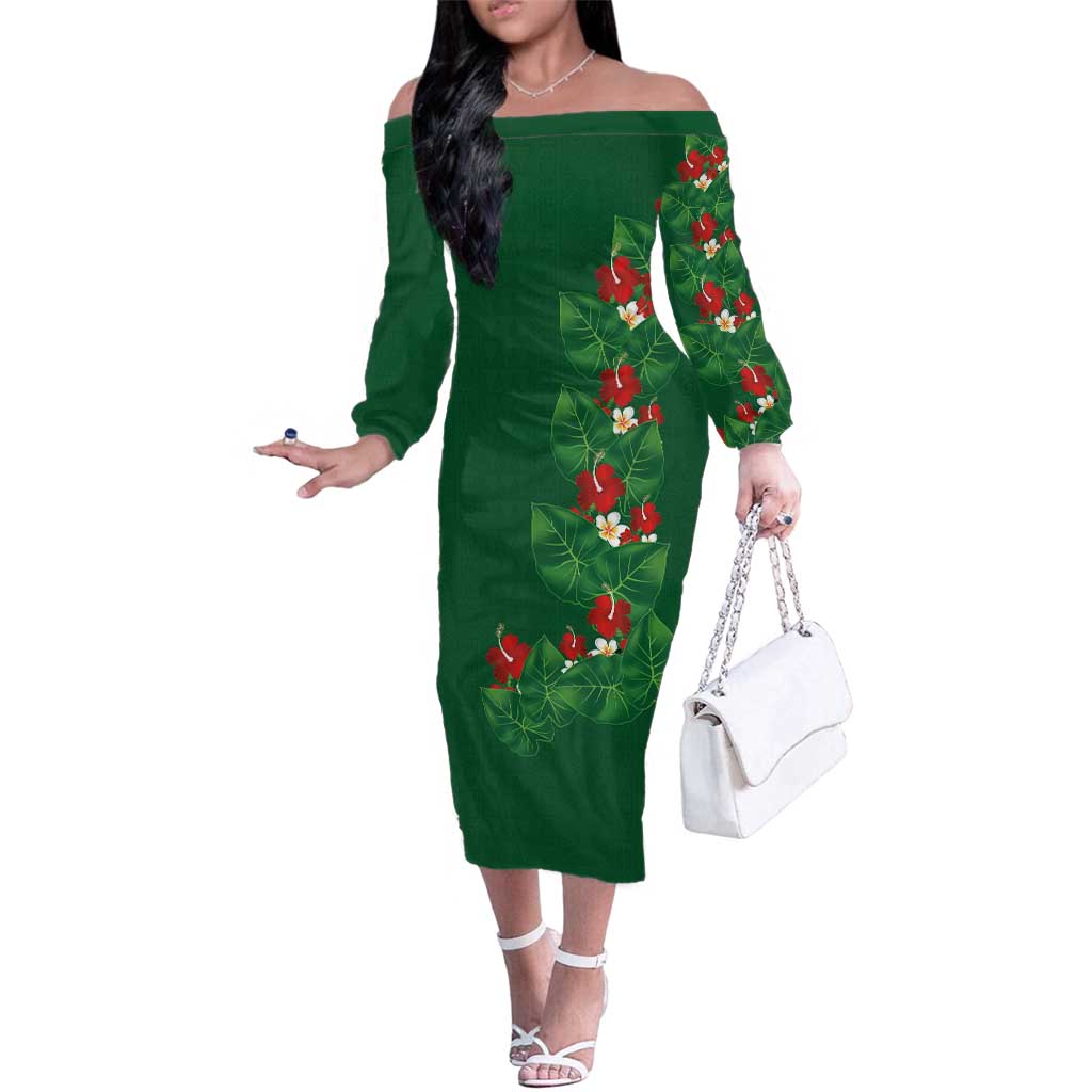 Hawaiian Taro Leaves-Hibiscus and Plumeria Family Matching Off The Shoulder Long Sleeve Dress and Hawaiian Shirt Polynesian Art-Kakau Tattoo Green LT03 Mom's Dress Green - Polynesian Pride