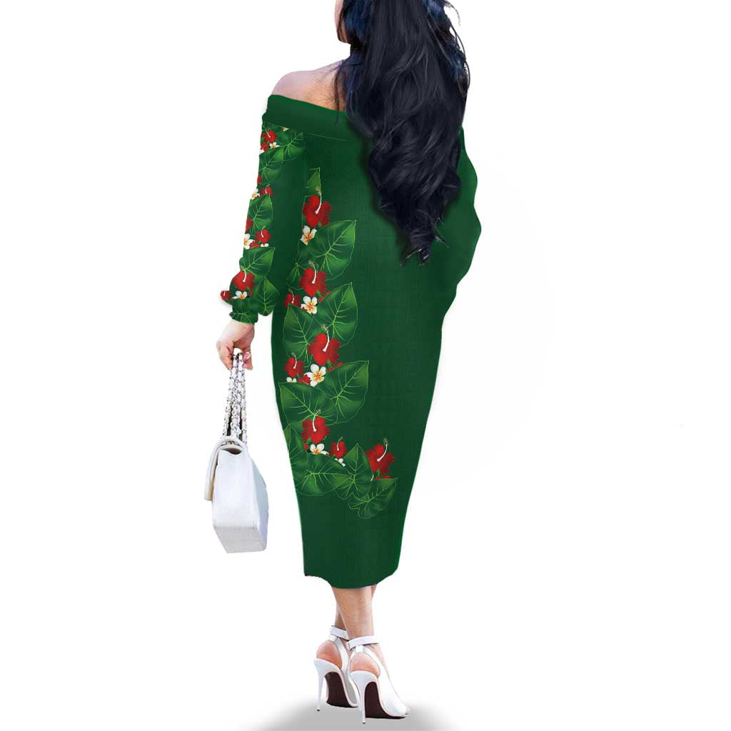 Hawaiian Taro Leaves-Hibiscus and Plumeria Family Matching Off The Shoulder Long Sleeve Dress and Hawaiian Shirt Polynesian Art-Kakau Tattoo Green LT03 - Polynesian Pride