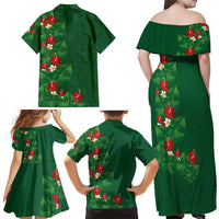 Hawaiian Taro Leaves-Hibiscus and Plumeria Family Matching Off Shoulder Maxi Dress and Hawaiian Shirt Polynesian Art-Kakau Tattoo Green