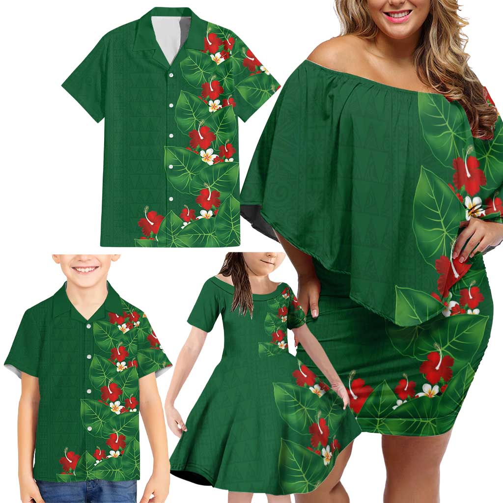 Hawaiian Taro Leaves-Hibiscus and Plumeria Family Matching Off Shoulder Short Dress and Hawaiian Shirt Polynesian Art-Kakau Tattoo Green