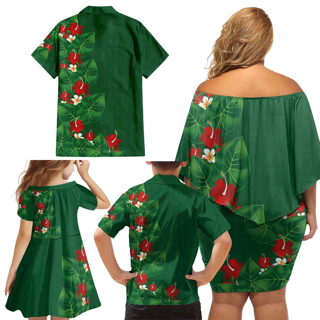 Hawaiian Taro Leaves-Hibiscus and Plumeria Family Matching Off Shoulder Short Dress and Hawaiian Shirt Polynesian Art-Kakau Tattoo Green