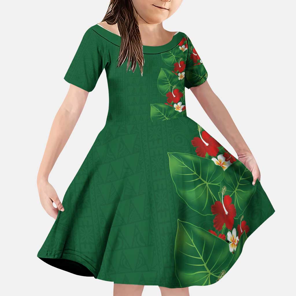 Hawaiian Taro Leaves-Hibiscus and Plumeria Family Matching Puletasi and Hawaiian Shirt Polynesian Art-Kakau Tattoo Green LT03 Daughter's Dress Green - Polynesian Pride