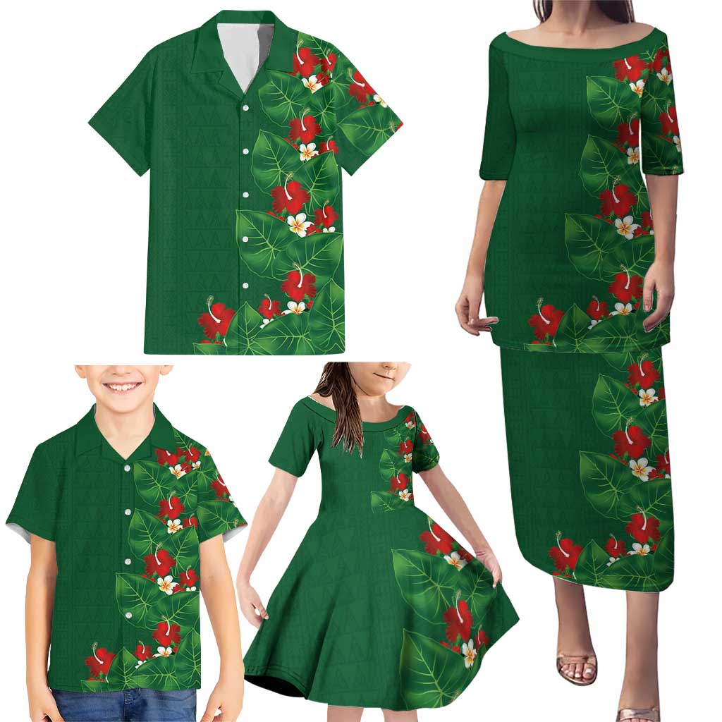 Hawaiian Taro Leaves-Hibiscus and Plumeria Family Matching Puletasi and Hawaiian Shirt Polynesian Art-Kakau Tattoo Green LT03 - Polynesian Pride