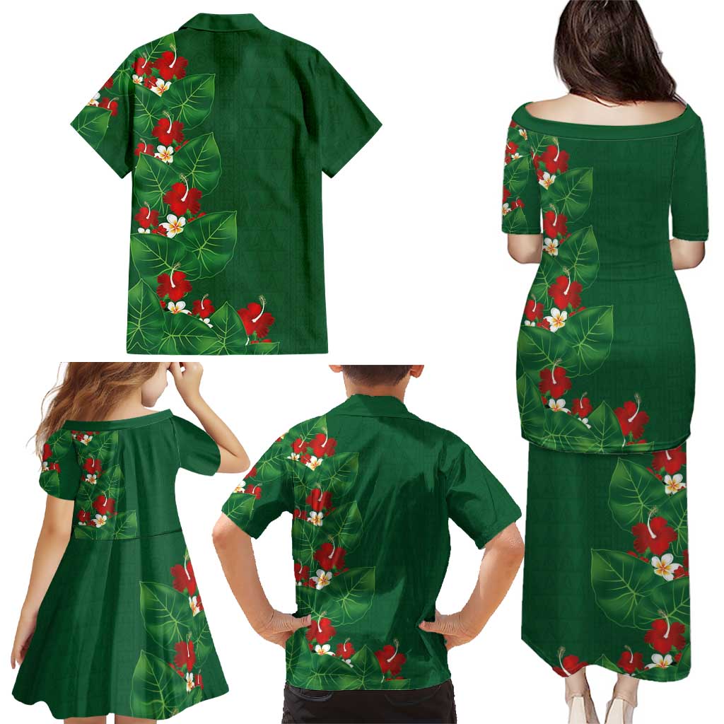 Hawaiian Taro Leaves-Hibiscus and Plumeria Family Matching Puletasi and Hawaiian Shirt Polynesian Art-Kakau Tattoo Green LT03 - Polynesian Pride