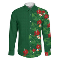Hawaiian Taro Leaves-Hibiscus and Plumeria Family Matching Puletasi and Hawaiian Shirt Polynesian Art-Kakau Tattoo Green LT03 Dad's Shirt - Long Sleeve Green - Polynesian Pride