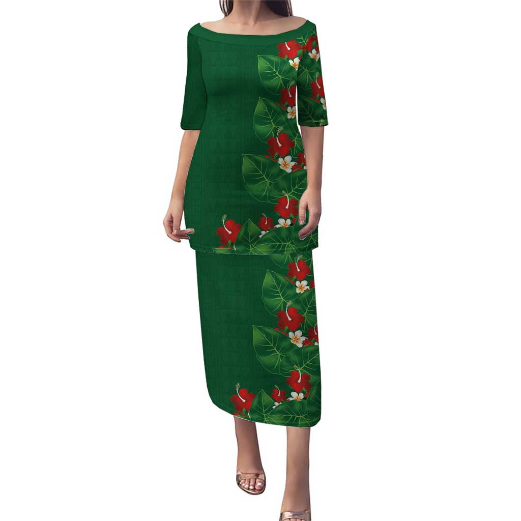 Hawaiian Taro Leaves-Hibiscus and Plumeria Family Matching Puletasi and Hawaiian Shirt Polynesian Art-Kakau Tattoo Green LT03 Mom's Dress Green - Polynesian Pride