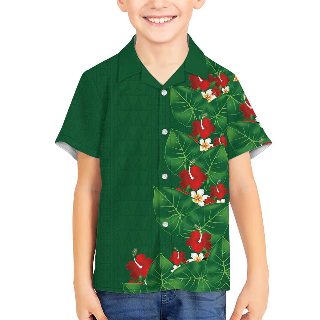 Hawaiian Taro Leaves-Hibiscus and Plumeria Family Matching Puletasi and Hawaiian Shirt Polynesian Art-Kakau Tattoo Green LT03 Son's Shirt Green - Polynesian Pride
