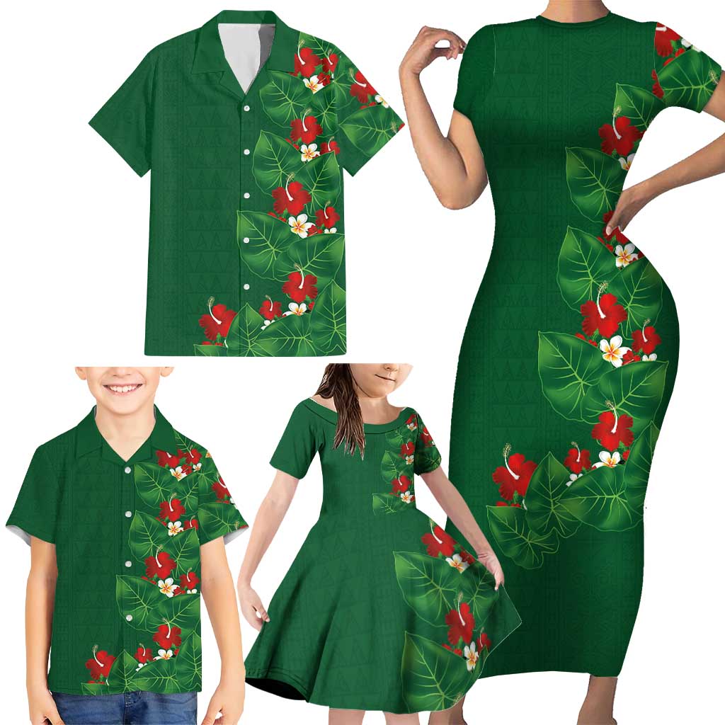 Hawaiian Taro Leaves-Hibiscus and Plumeria Family Matching Short Sleeve Bodycon Dress and Hawaiian Shirt Polynesian Art-Kakau Tattoo Green