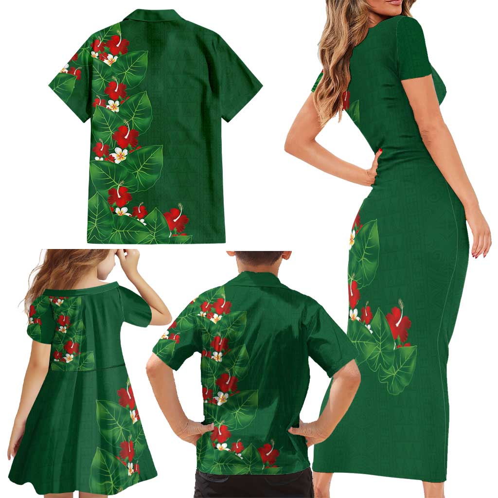 Hawaiian Taro Leaves-Hibiscus and Plumeria Family Matching Short Sleeve Bodycon Dress and Hawaiian Shirt Polynesian Art-Kakau Tattoo Green