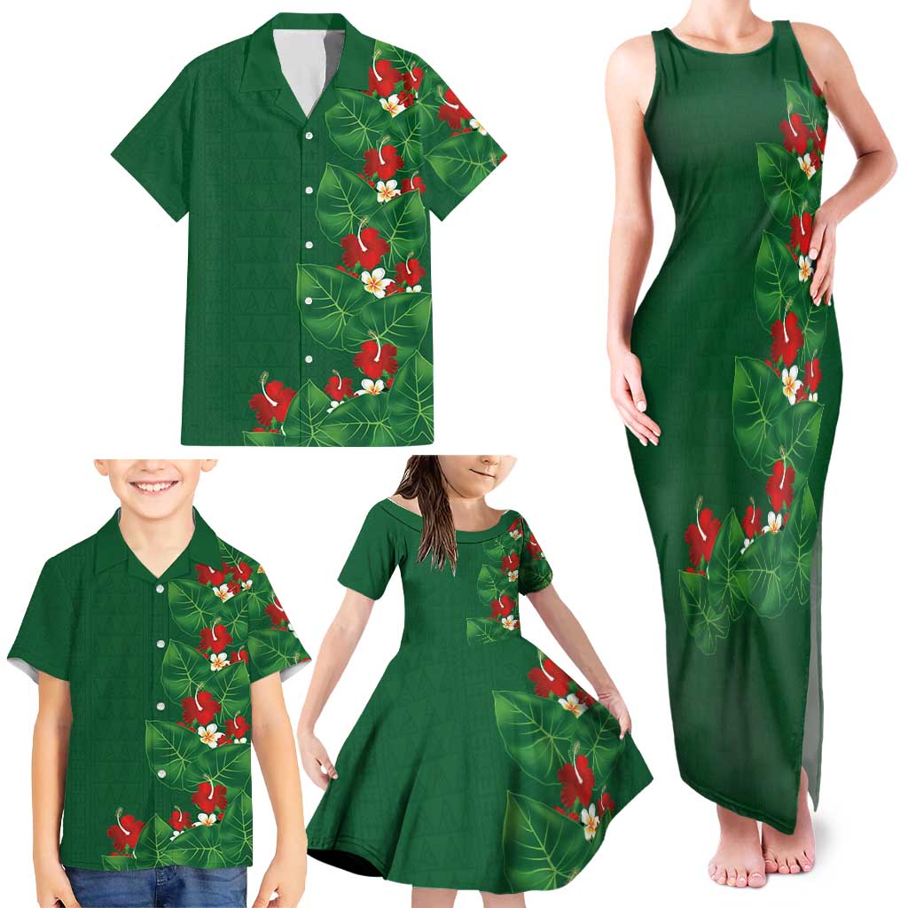 Hawaiian Taro Leaves-Hibiscus and Plumeria Family Matching Tank Maxi Dress and Hawaiian Shirt Polynesian Art-Kakau Tattoo Green