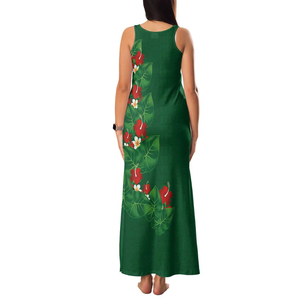 Hawaiian Taro Leaves-Hibiscus and Plumeria Family Matching Tank Maxi Dress and Hawaiian Shirt Polynesian Art-Kakau Tattoo Green