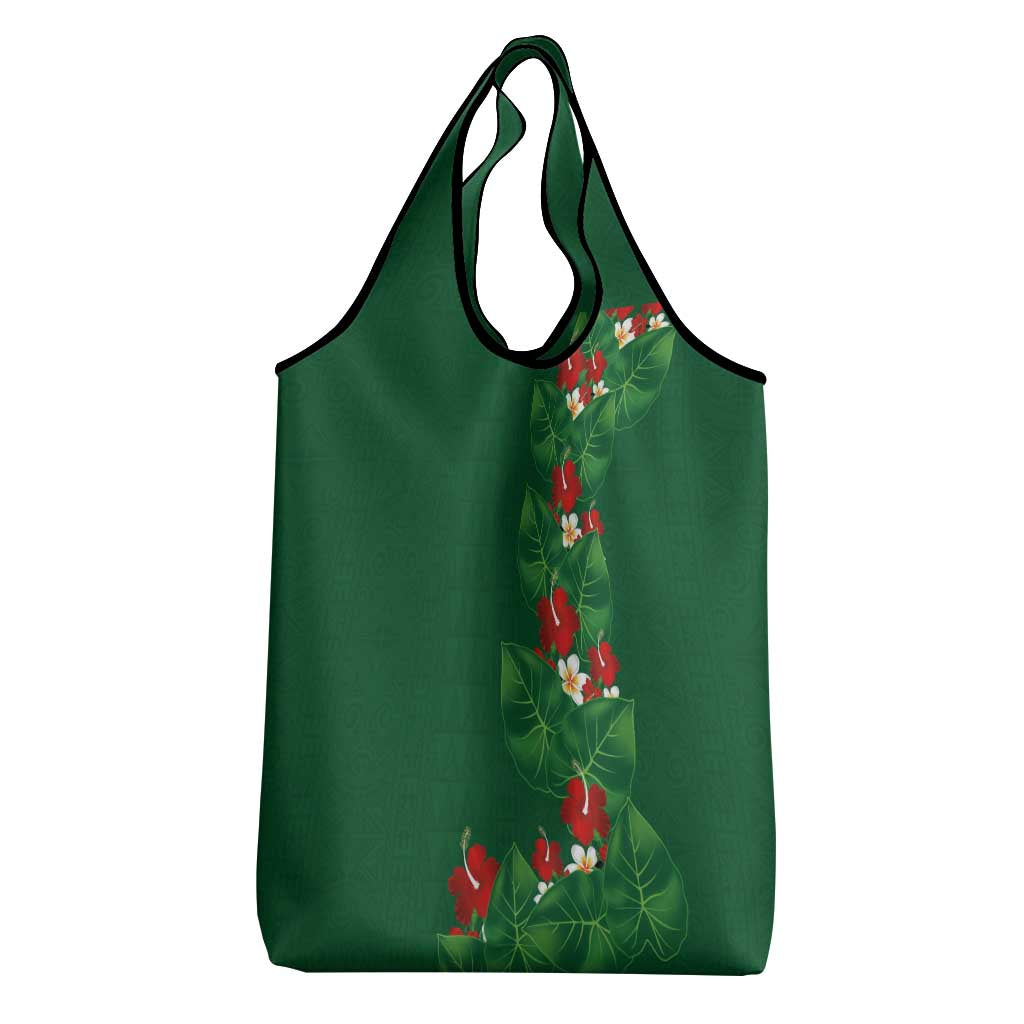 Hawaiian Taro Leaves-Hibiscus and Plumeria Grocery Bag Polynesian Art-Kakau Tattoo Green