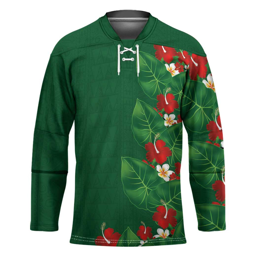 Hawaiian Taro Leaves-Hibiscus and Plumeria Hockey Jersey Polynesian Art-Kakau Tattoo Green