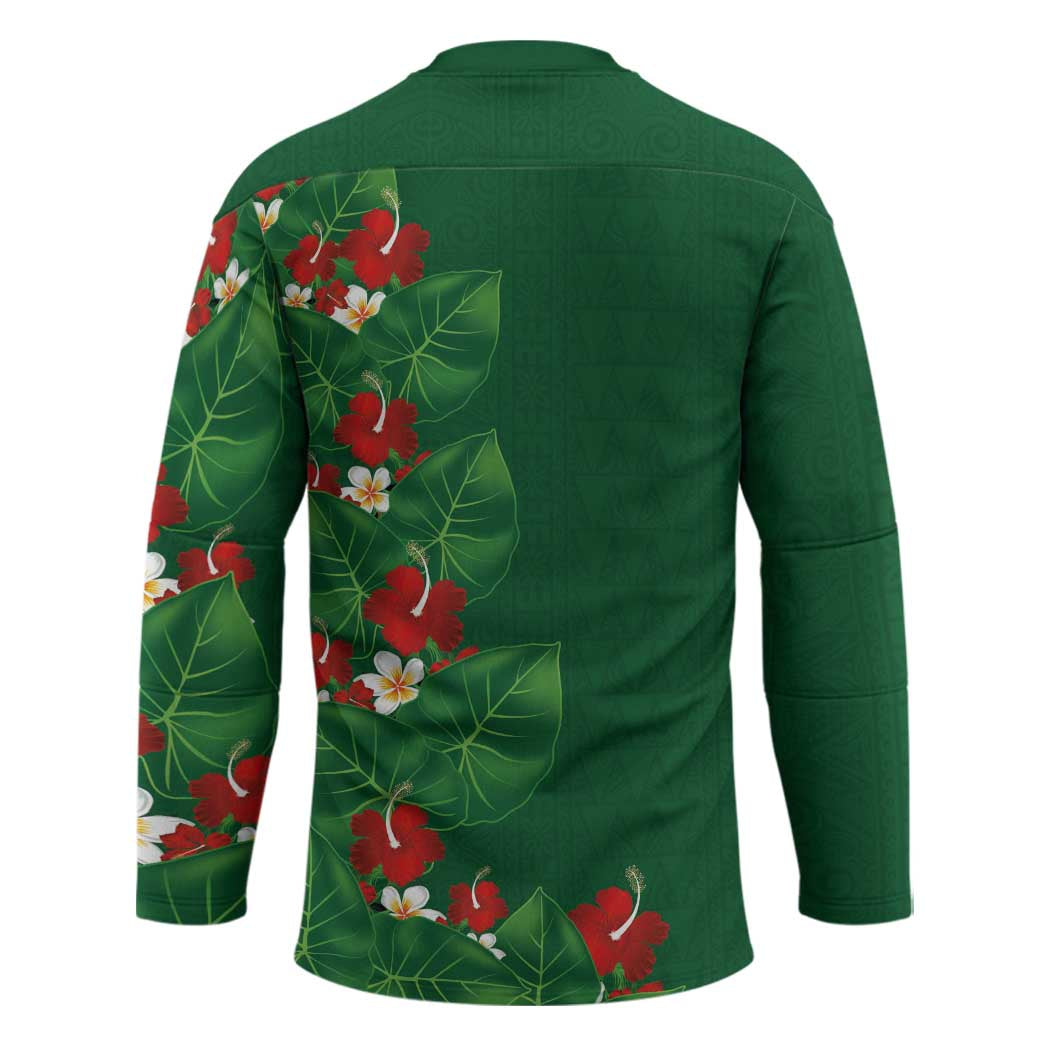 Hawaiian Taro Leaves-Hibiscus and Plumeria Hockey Jersey Polynesian Art-Kakau Tattoo Green