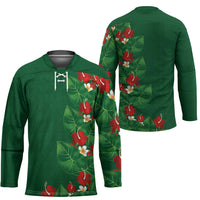 Hawaiian Taro Leaves-Hibiscus and Plumeria Hockey Jersey Polynesian Art-Kakau Tattoo Green