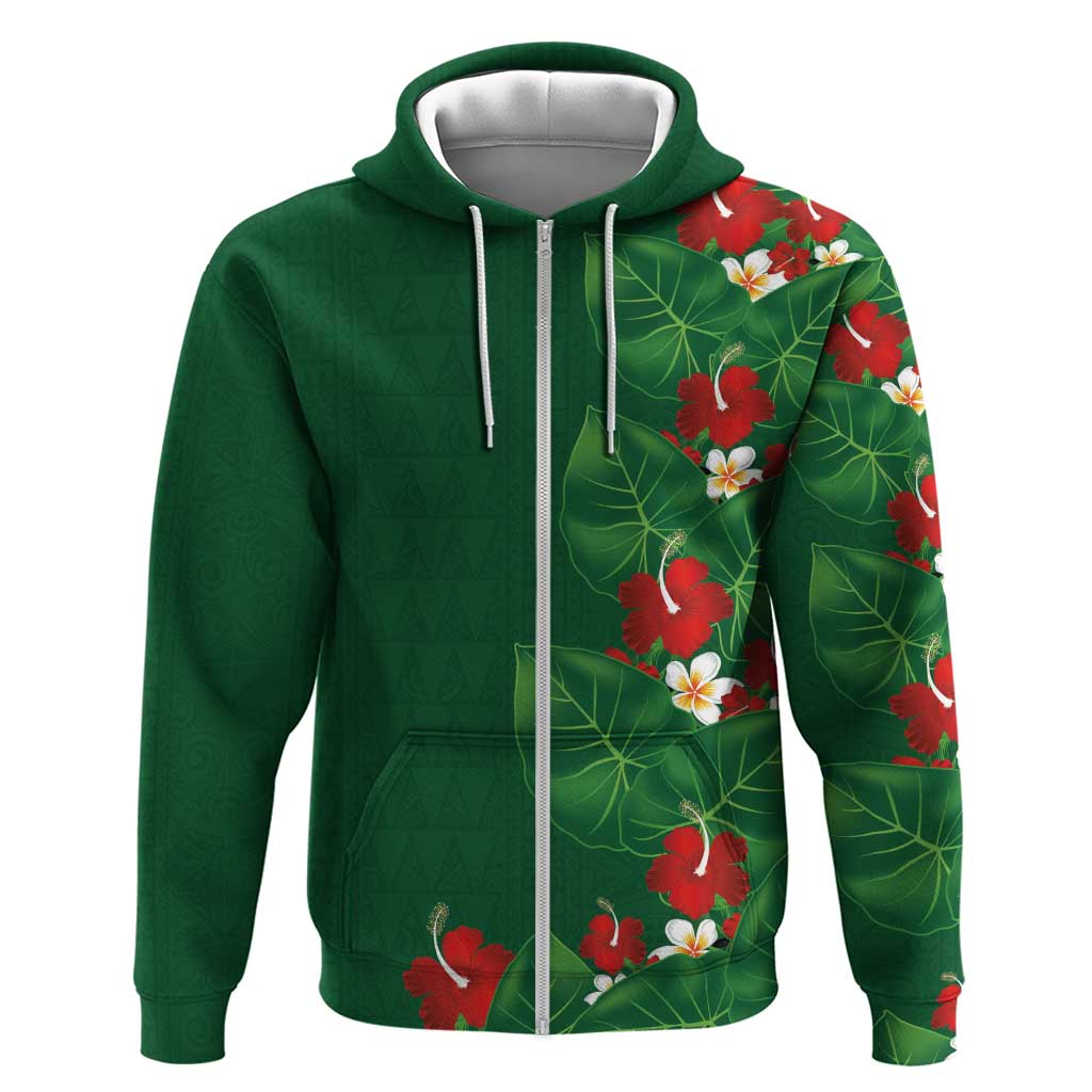 Hawaiian Taro Leaves-Hibiscus and Plumeria Hoodie Polynesian Art-Kakau Tattoo Green