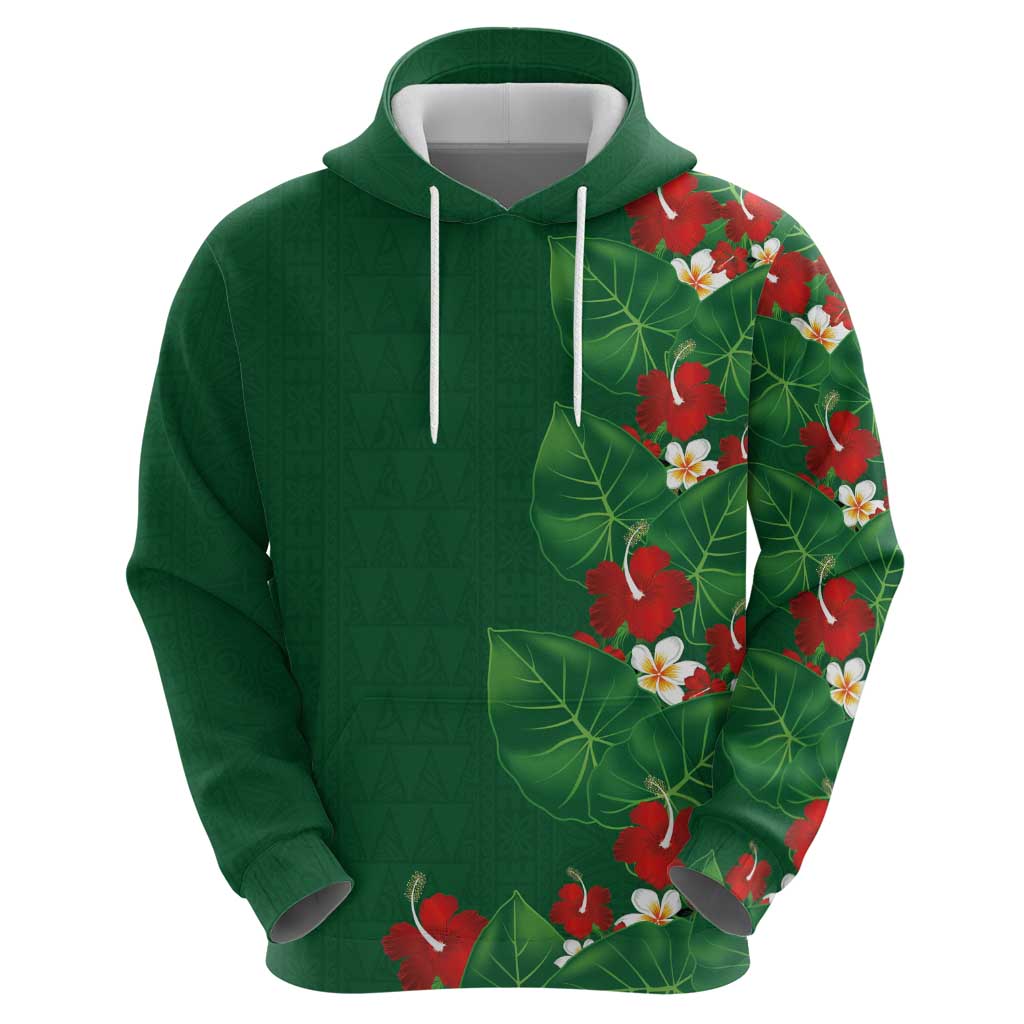 Hawaiian Taro Leaves-Hibiscus and Plumeria Hoodie Polynesian Art-Kakau Tattoo Green