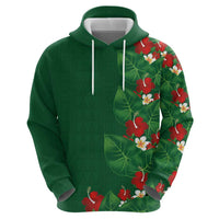 Hawaiian Taro Leaves-Hibiscus and Plumeria Hoodie Polynesian Art-Kakau Tattoo Green