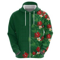 Hawaiian Taro Leaves-Hibiscus and Plumeria Hoodie Polynesian Art-Kakau Tattoo Green