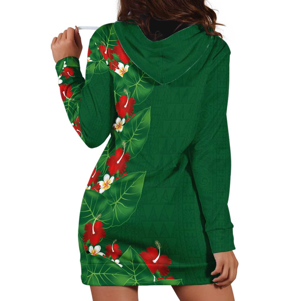 Hawaiian Taro Leaves-Hibiscus and Plumeria Hoodie Dress Polynesian Art-Kakau Tattoo Green